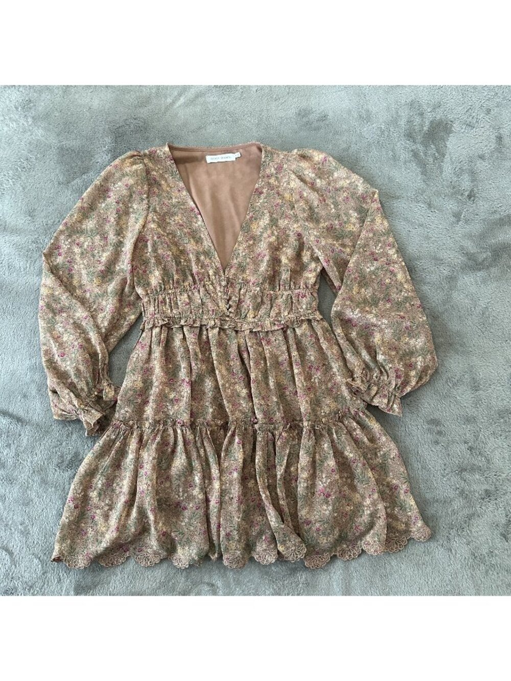 Floret Studios Tan Floral Boho Dress Women's MEDIUM Peasant Tiered Long Sleeve